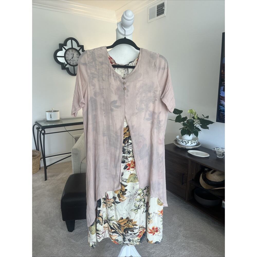 Cellabie Maxi Dress Layered Short Sleeve Women 2XL Boho Floral Round Neck Preppy